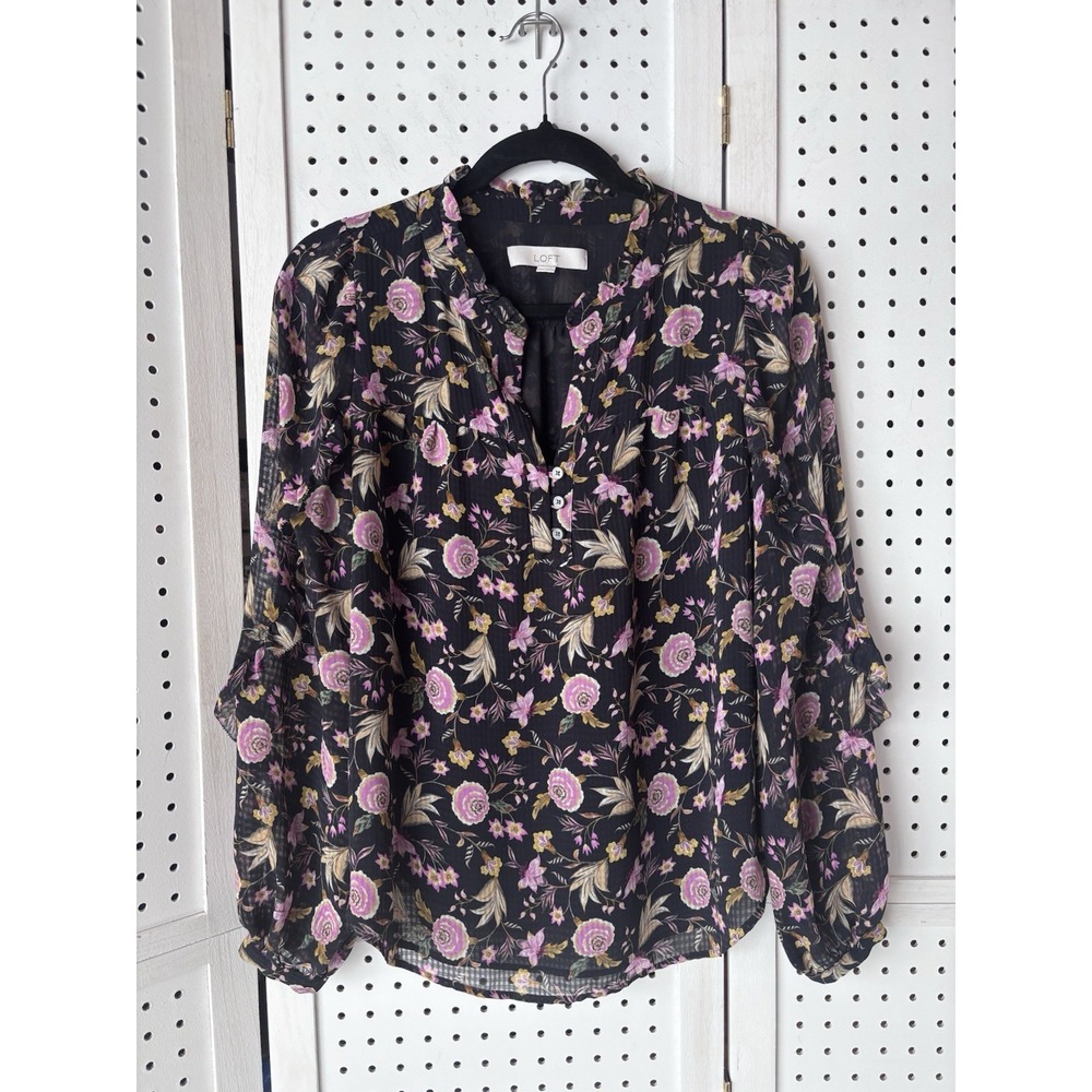 LOFT Women's S Black Pink Floral V Neck Button Long SLV Blouse Semi Sheer